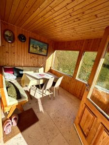 ein Zimmer mit einem Tisch und Stühlen in einer Hütte in der Unterkunft Apartma Bine in Cerkno