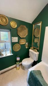 uma casa de banho com paredes verdes, um WC e uma janela em Llanfair Caereinion house Quirky with river balcony em Llanfair Caereinion
