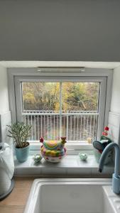 a kitchen window with a toy chicken on a window sill at Llanfair Caereinion house Quirky with river balcony in Llanfair Caereinion