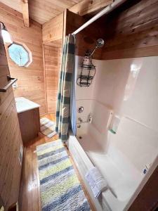 La salle de bains est pourvue d'une baignoire et d'une douche dans une cabine. dans l'établissement Lake Michigan Cabin w/Hot Tub & Stunning Views, à Manistique
