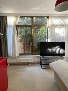 Tsakalof 10 View Central Apartment by SuperHost Hub في أثينا: غرفة معيشة مع نافذة كبيرة وتلفزيون بشاشة مسطحة