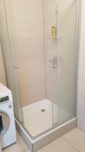 a shower with a glass door next to a washing machine at Elegant Spacious Room with Open Kitchen, Steps from Luxembourg Train Station in Luxembourg