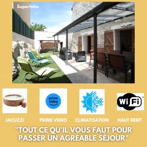folleto de un patio con sillas y mesa en Belle maison de village sur theziers, en Théziers
