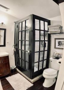 a bathroom with a toilet and a glass door at Beautiful farmhouse in Fernandina Beach in Fernandina Beach