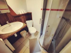 La salle de bains est pourvue de toilettes, d'un lavabo et d'une douche. dans l'établissement Agroturystyka "Dobre czasy", à Sławno