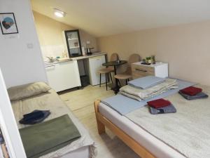 a small room with two beds and a kitchen at Blue Carpet Rooms in Niš