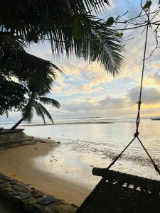 a swing hanging from a palm tree on a beach at Mecaja Beach House in Roxas
