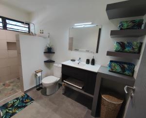 bagno con lavandino, specchio e servizi igienici di Le Fare Cosy Kiwi et le Fare Cosy Tiki a Faaa