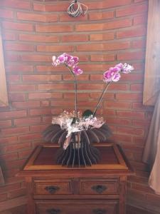 a vase of flowers on top of a wooden table at Pousada Sons do Silêncio in Socorro