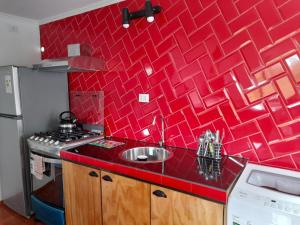 une cuisine avec un évier et un mur en carrelage rouge dans l'établissement Apartamentos Vera Ribbeck, à Valdivia