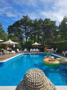 una piscina con una bebida en el medio en Posada Aitue en Villa General Belgrano