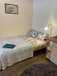 Dormitorio pequeño con cama y mesa en Studio apartamenti Cēsis, en Cēsis