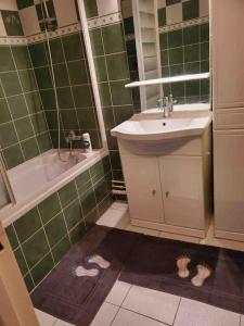 uma casa de banho com azulejos verdes, um lavatório e uma banheira em Space and light for friends/family at Paris' door em Asnières-sur-Seine