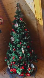 a christmas tree is in a room with at Vista cottage in Stepantsminda