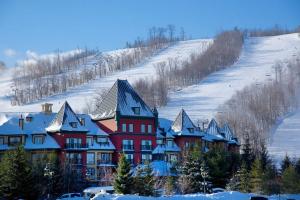 un gran edificio rojo con techos nevados en una colina en Beautiful ski chalet in the blue mountains with gas fireplace and community pool, en Collingwood