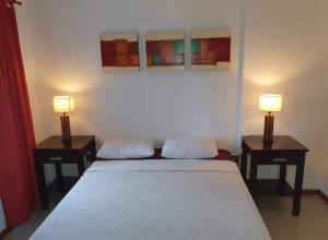 Departamento San José IV- Villa Carlos Paz في فيلا كارلوس باز: غرفة نوم بها مصباحين على جانبي سرير