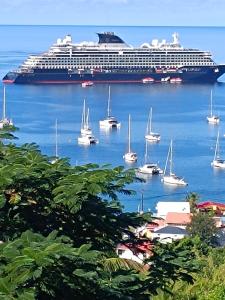 um navio de cruzeiro atracado num porto com barcos em Résidence BLEUE DE MER em Deshaies