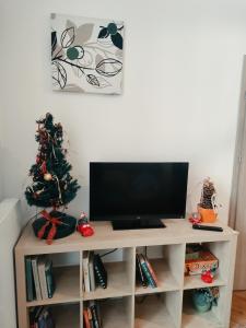 a white entertainment center with a television and a christmas tree at Gallys Apartments in Prague