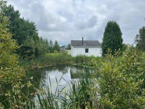 une maison blanche installée à côté d'un petit étang dans l'établissement Le Gaston, chalet en campagne, 