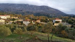 a small village with a mountain in the background at Mediterranean stone house Ucović in Gruda