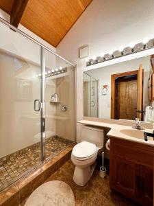 uma casa de banho com um WC, um chuveiro e um lavatório. em Lofty Retreat, Condo in Northstar em Truckee
