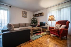 a living room with a couch and a christmas tree at Holiday house On the riverside in Ogulin