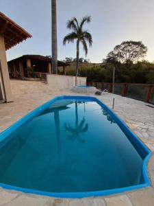 une piscine bleue avec un palmier en arrière-plan dans l'établissement Sítio Santo Antônio, à Socorro