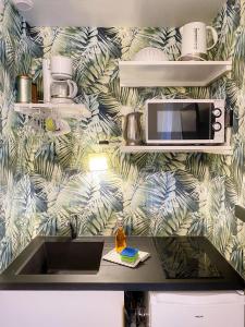 una cucina con lavandino e forno a microonde appesi a una parete di DELUX L'EVASION a Saverne
