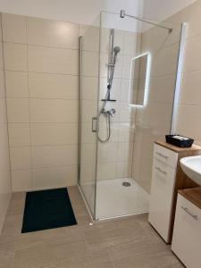 um chuveiro com uma porta de vidro na casa de banho em Harmony Living - 10 min to Graz em Lassnitzhöhe