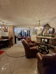 sala de estar con muebles de cuero y chimenea en Home Belić Golija, en Radaljica