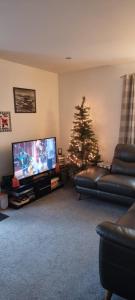 Sala de estar con árbol de Navidad y TV en The Shelter Stone Cottage en Aviemore