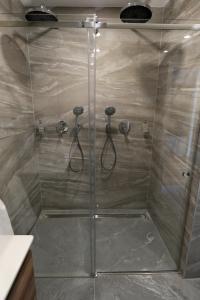a shower with glass doors in a bathroom at Vienna Lotus Apartments in Vienna
