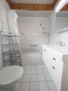 a white bathroom with a toilet and a sink at Chalet Wassermandli in Lenk