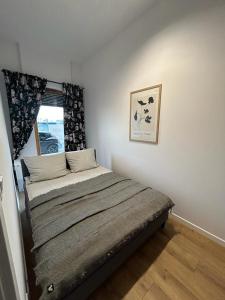 een slaapkamer met een bed in een kamer met een raam bij Nadmotlawie Apartments Gdansk Old Town Riverview in Gdańsk