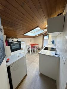 Plose Panorama House في بريسانون: مطبخ مع أجهزة بيضاء وطاولة حمراء