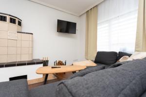 a living room with a couch and a table at Stadthaus mit 2 Schlafzimmern & Wohnzimmer mit Kamin - Kostenloser Privat-Parkplatz auf dem Grundstück in Leipzig