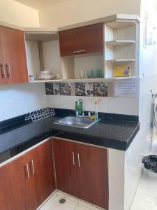 una cocina con fregadero y armarios de madera en Apartamento entero amoblado 201, en Barranquilla