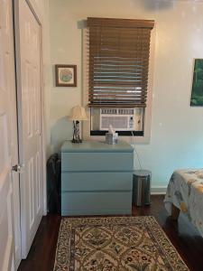 Vestidor azul en una habitación con ventana en The Cottage at Pineapple House en West Palm Beach