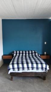 Bett in einem Zimmer mit blauer Wand in der Unterkunft Casa mami5 in Oaxaca de Juárez