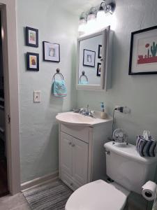 a bathroom with a sink and a toilet and a mirror at The Cottage at Pineapple House in West Palm Beach