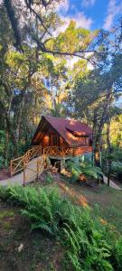 a large wooden cabin in the middle of a forest at Ecos da Terra Chalés in Monte Verde