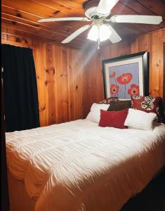 a bedroom with a large bed with a ceiling fan at Up North No Worries - Close to Mackinac Island Ferry! in Carp Lake