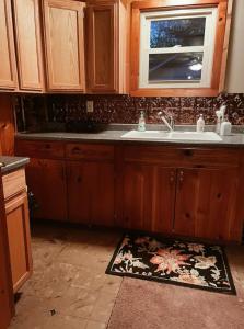 a kitchen with wooden cabinets and a sink and a rug at Up North No Worries - Close to Mackinac Island Ferry! in Carp Lake