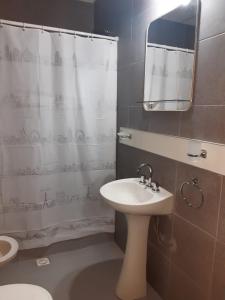 a bathroom with a sink and a shower curtain at Dpto en San Antonio Oeste 3 pax in San Antonio Oeste