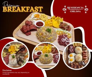 un collage di immagini di prodotti per la colazione su un tavolo di Residencia Orlina a Dumaguete