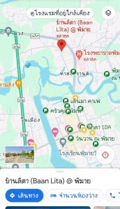a map of bani liriki with a red marker at Baan Lita in Phimai