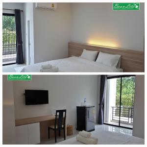 a bedroom with a bed and a desk with a television at Baan Lita in Pi Mai