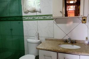 サント・アマロ・ダ・インペラトリスにあるCasa rústica pertinho das águasのバスルーム(トイレ、洗面台、鏡付)