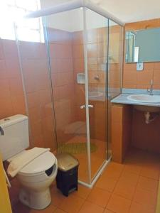 a bathroom with a toilet and a shower and a sink at China Hotel in Canindé de São Francisco