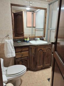 a bathroom with a sink and a toilet and a mirror at Apartamento, cómodo, en el corazón de Cochabamba in Cochabamba